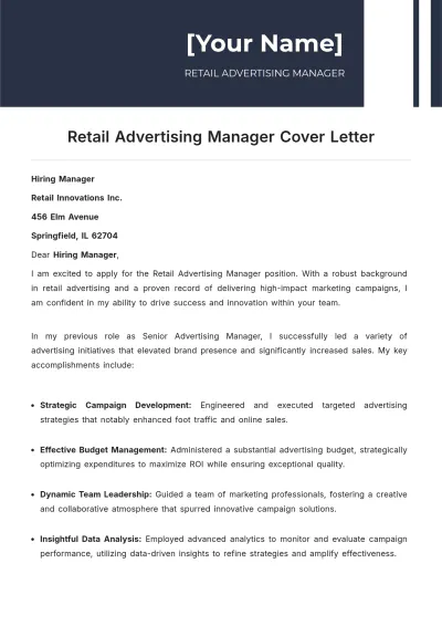 Free Retail Advertising Manager Cover Letter to Edit Online