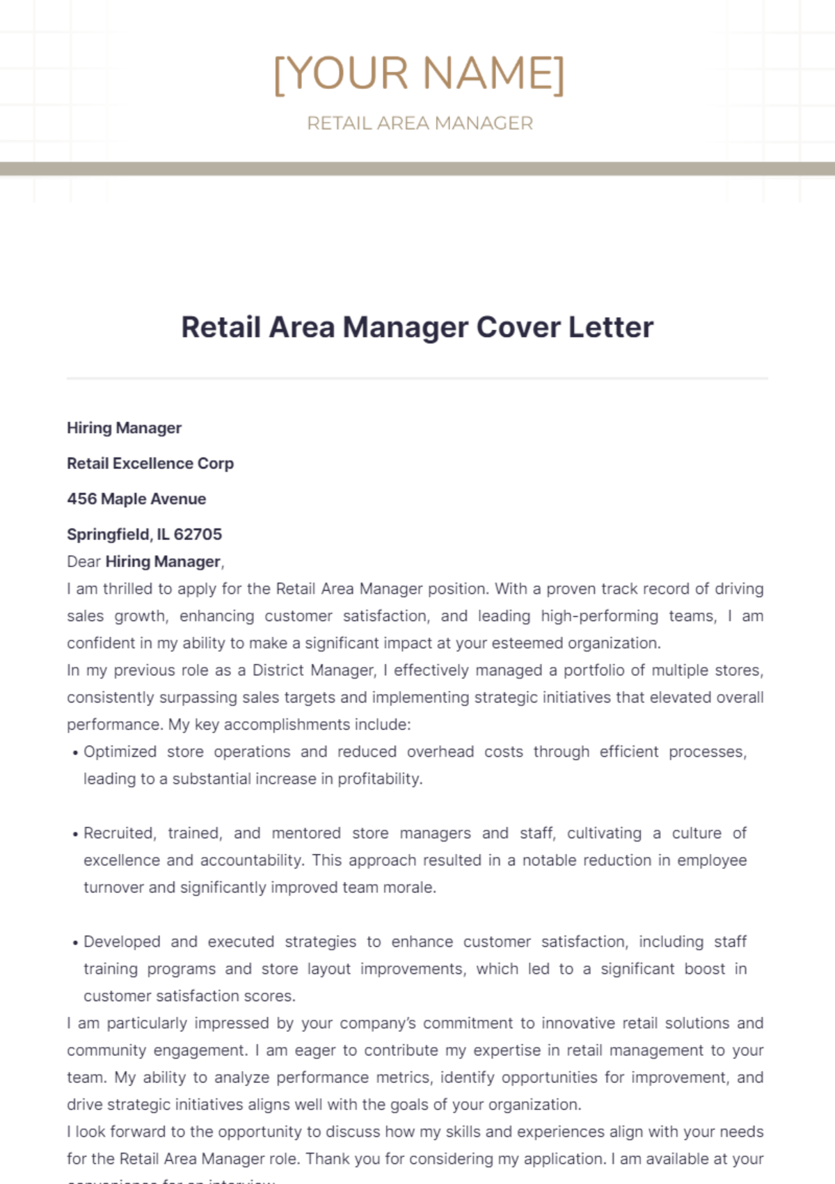 Retail Area Manager Cover Letter - Edit Online & Download