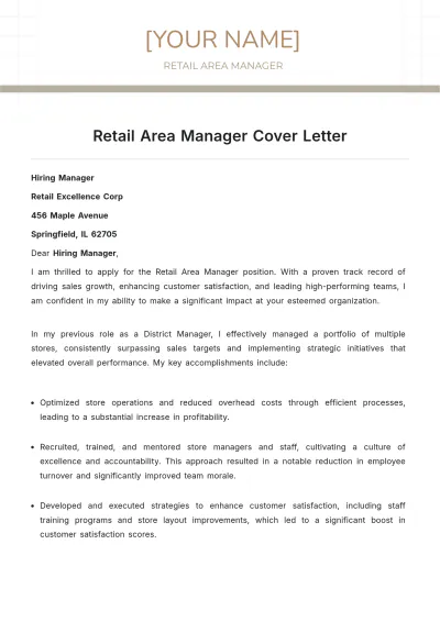 Free Retail Area Manager Cover Letter to Edit Online