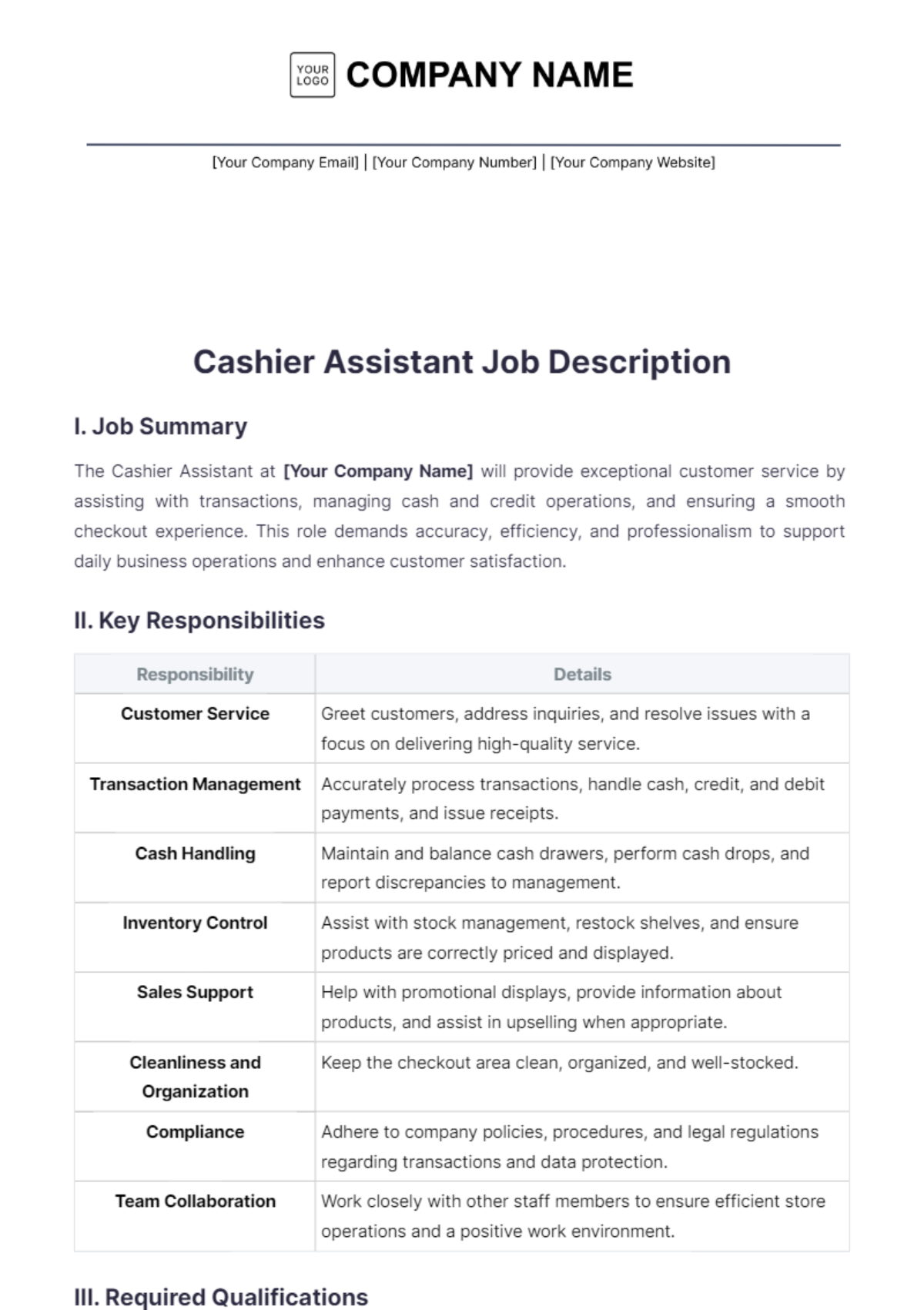 Cashier Assistant Job Description Template