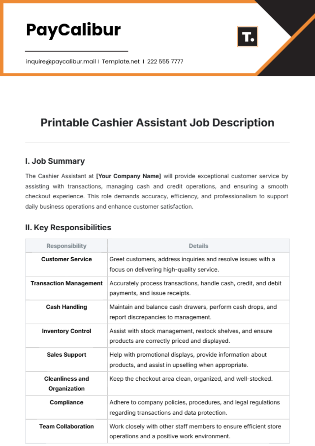 Printable Cashier Assistant Job Description Template - Edit Online & Download