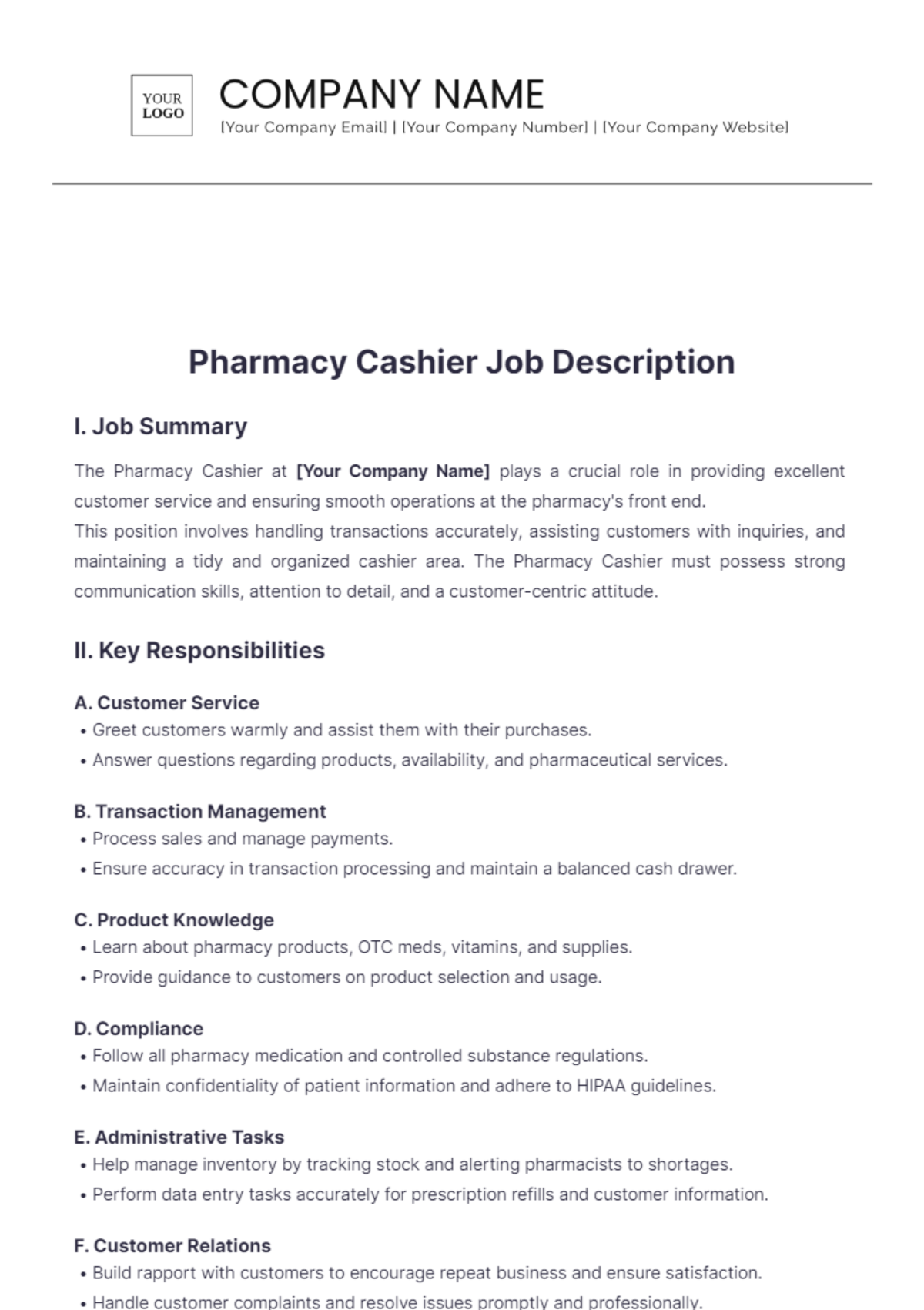 Pharmacy Cashier Job Description Template - Edit Online & Download