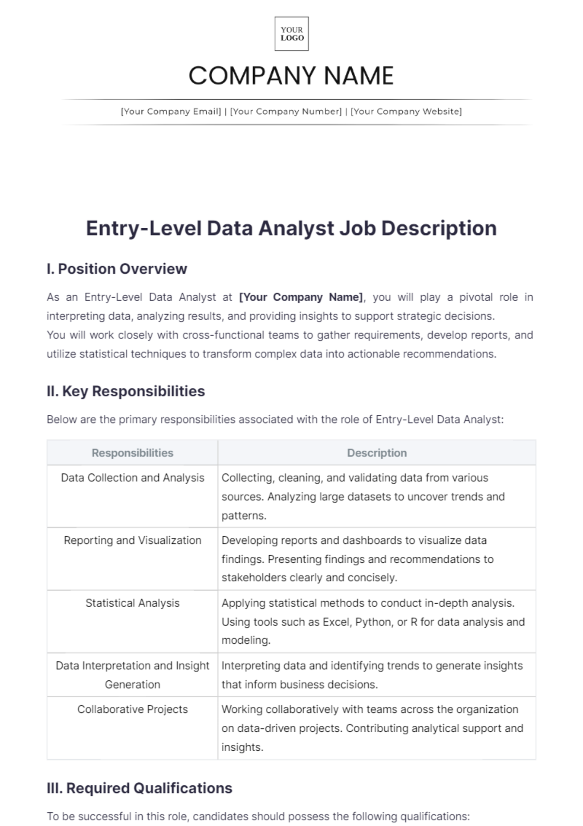 Entry-Level Data Analyst Job Description Template - Edit Online & Download