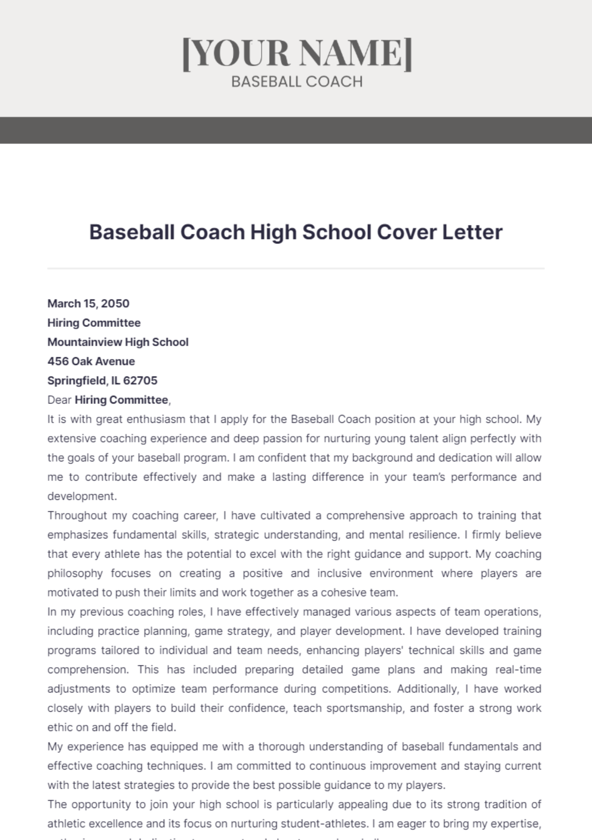 Baseball Coach High School Cover Letter