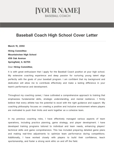 Free Baseball Coach High School Cover Letter to Edit Online