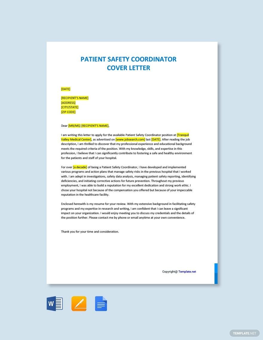 Patient Safety Coordinator Cover Letter Template