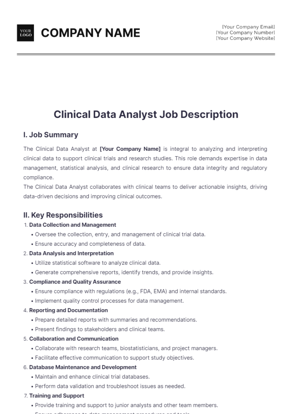 Clinical Data Analyst Job Description Template - Edit Online & Download