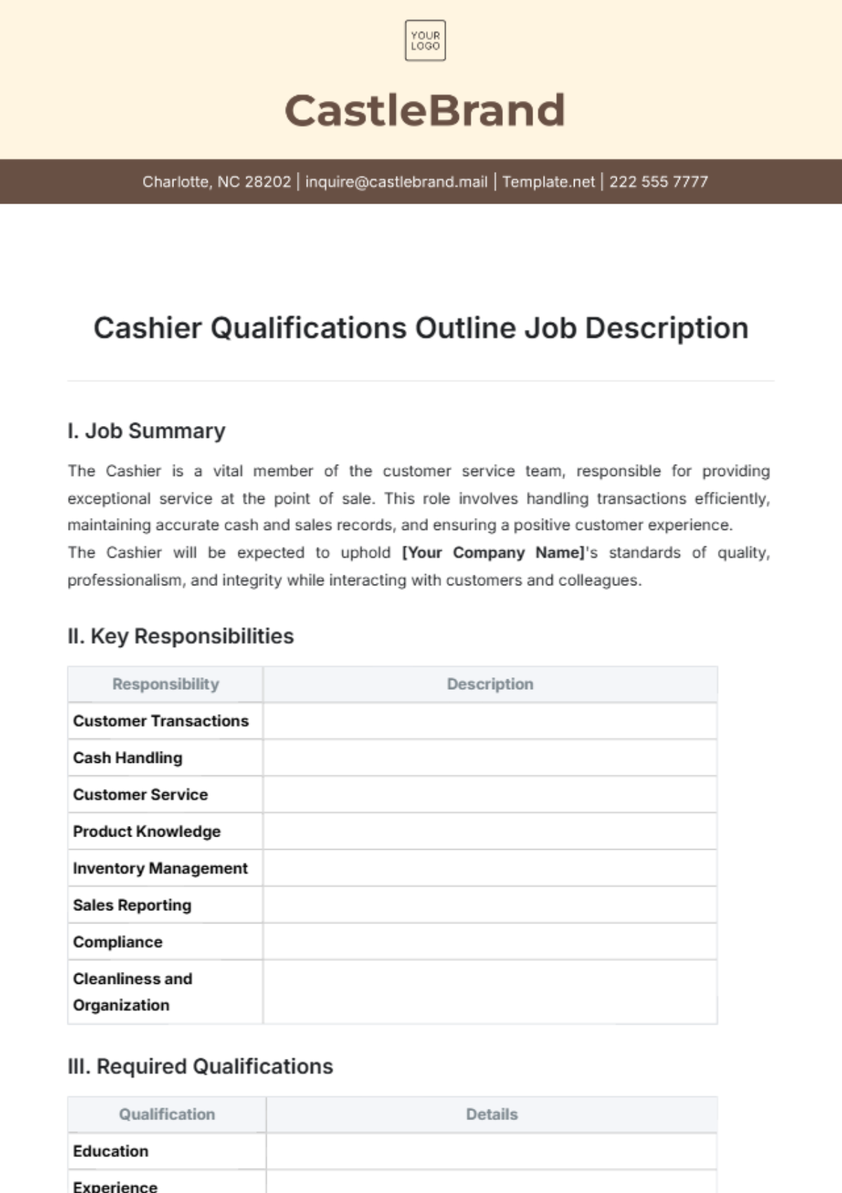 Cashier Qualifications Outline Job Description Template - Edit Online & Download