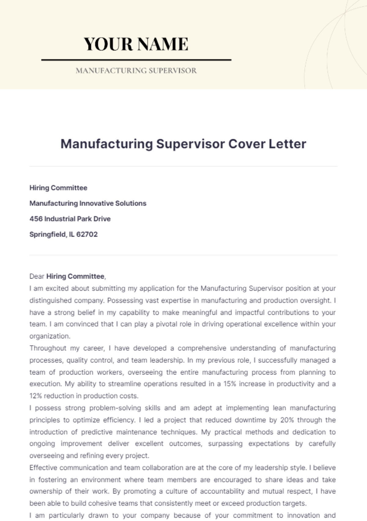 Manufacturing Supervisor Cover Letter - Edit Online & Download