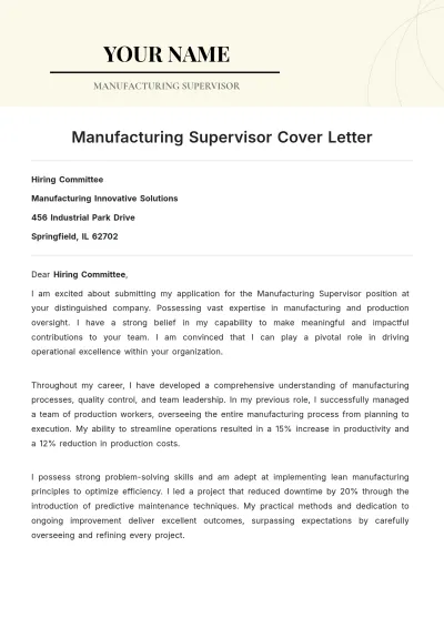 Free Manufacturing Supervisor Cover Letter to Edit Online
