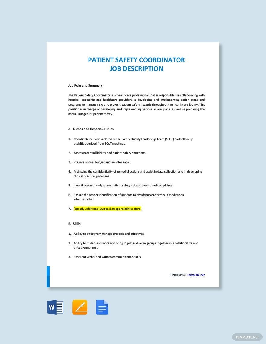 Patient Safety Coordinator Job Description Template