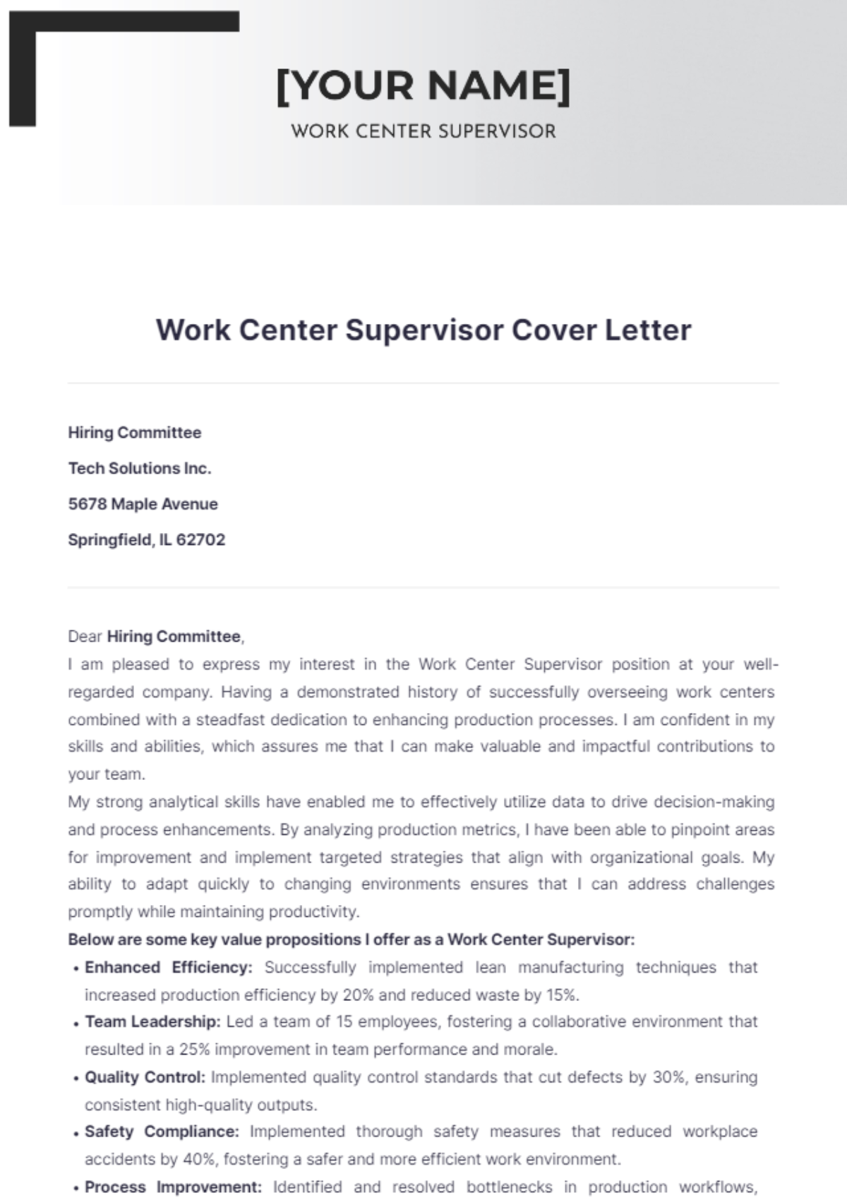 Work Center Supervisor Cover Letter - Edit Online & Download