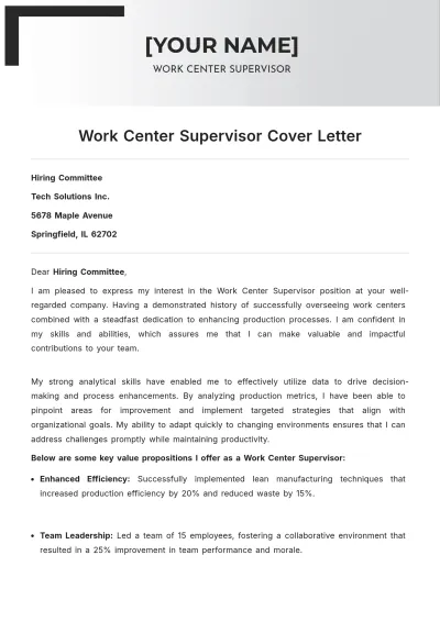 Free Work Center Supervisor Cover Letter to Edit Online
