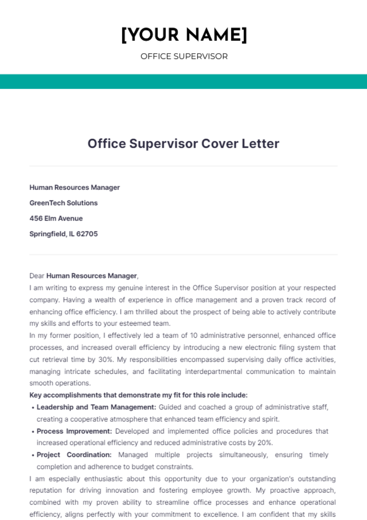 Office Supervisor Cover Letter