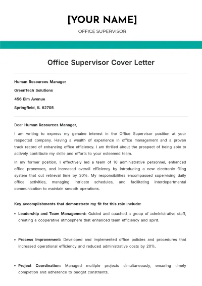 Free Office Supervisor Cover Letter to Edit Online