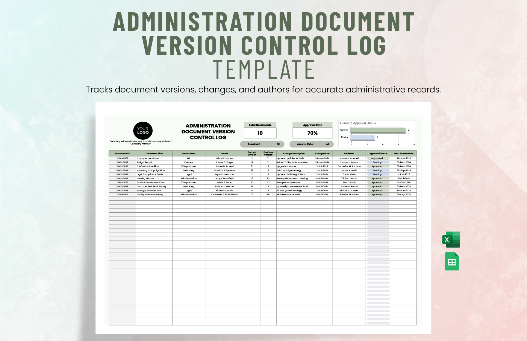 Administration Document Version Control Log Template in Excel, Google Sheets