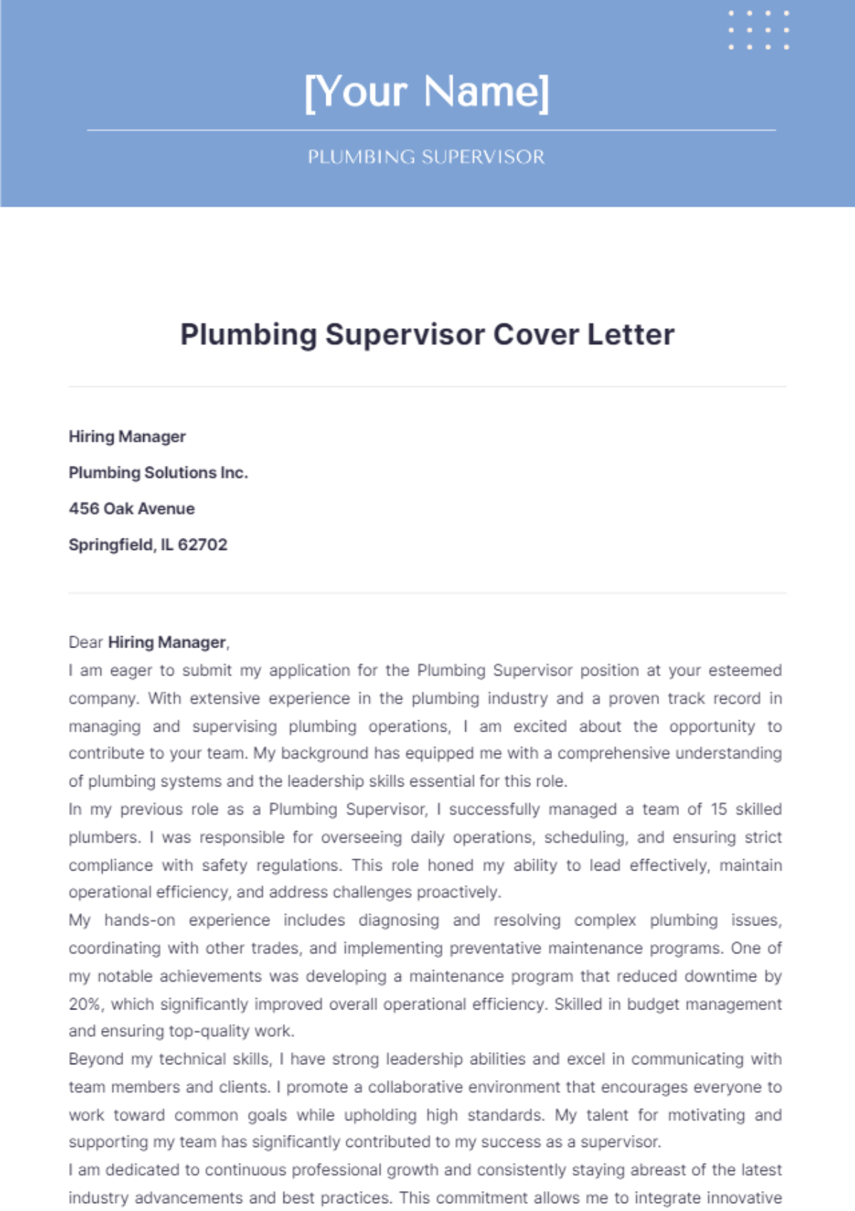 Plumbing Supervisor Cover Letter - Edit Online & Download