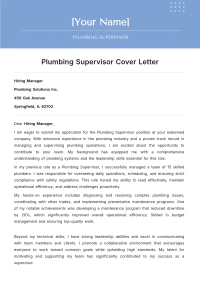 Free Plumbing Supervisor Cover Letter to Edit Online