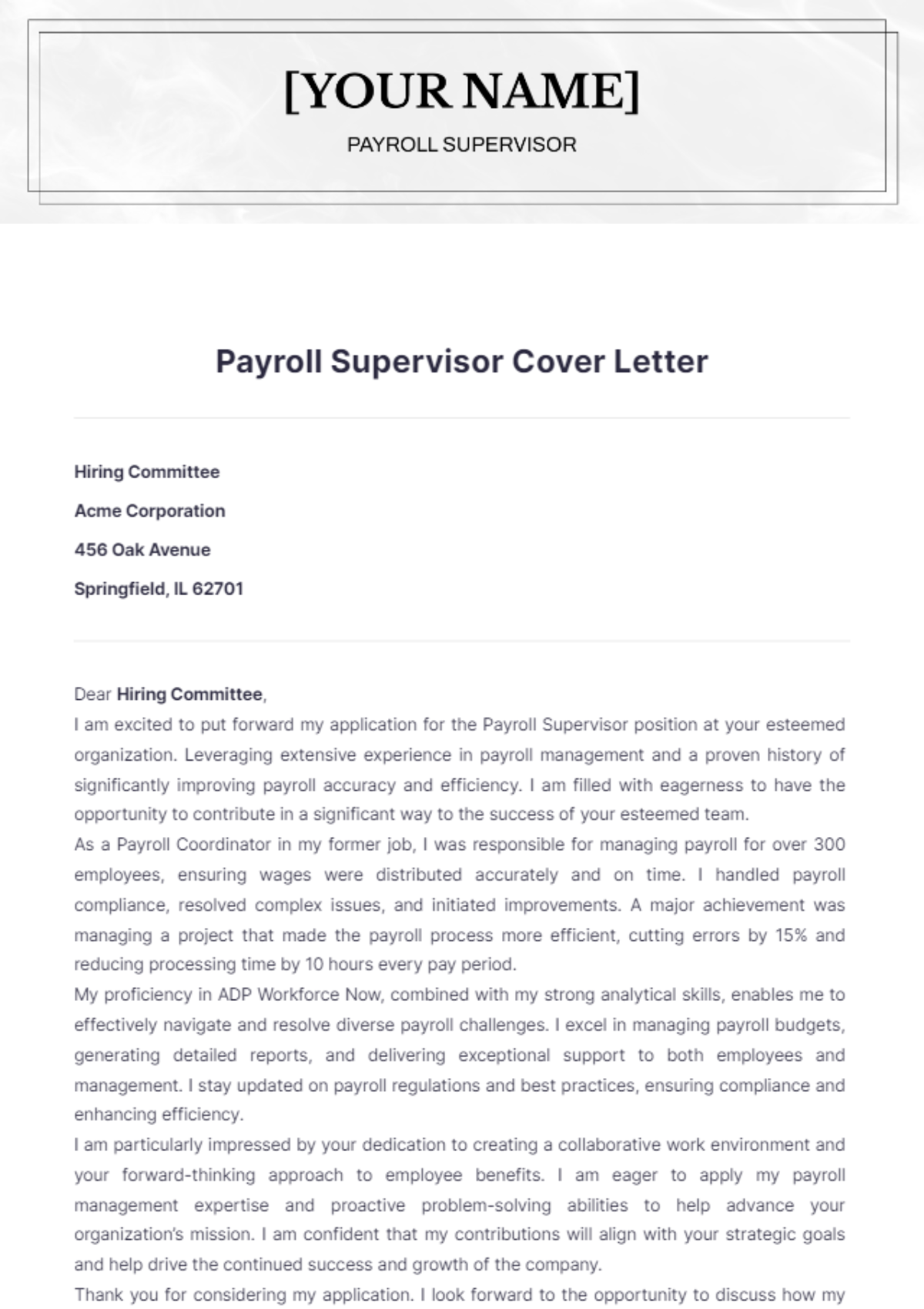 Payroll Supervisor Cover Letter - Edit Online & Download