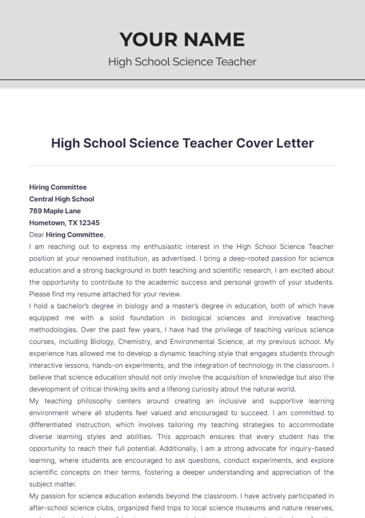 High School Science Teacher Cover Letter - Edit Online & Download