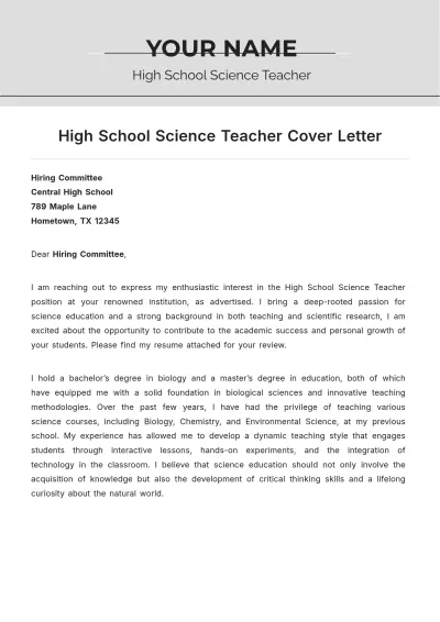 Free High School Science Teacher Cover Letter to Edit Online