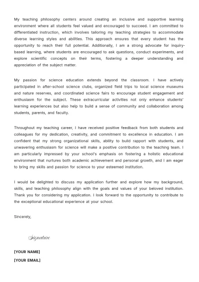 Free High School Science Teacher Cover Letter to Edit Online