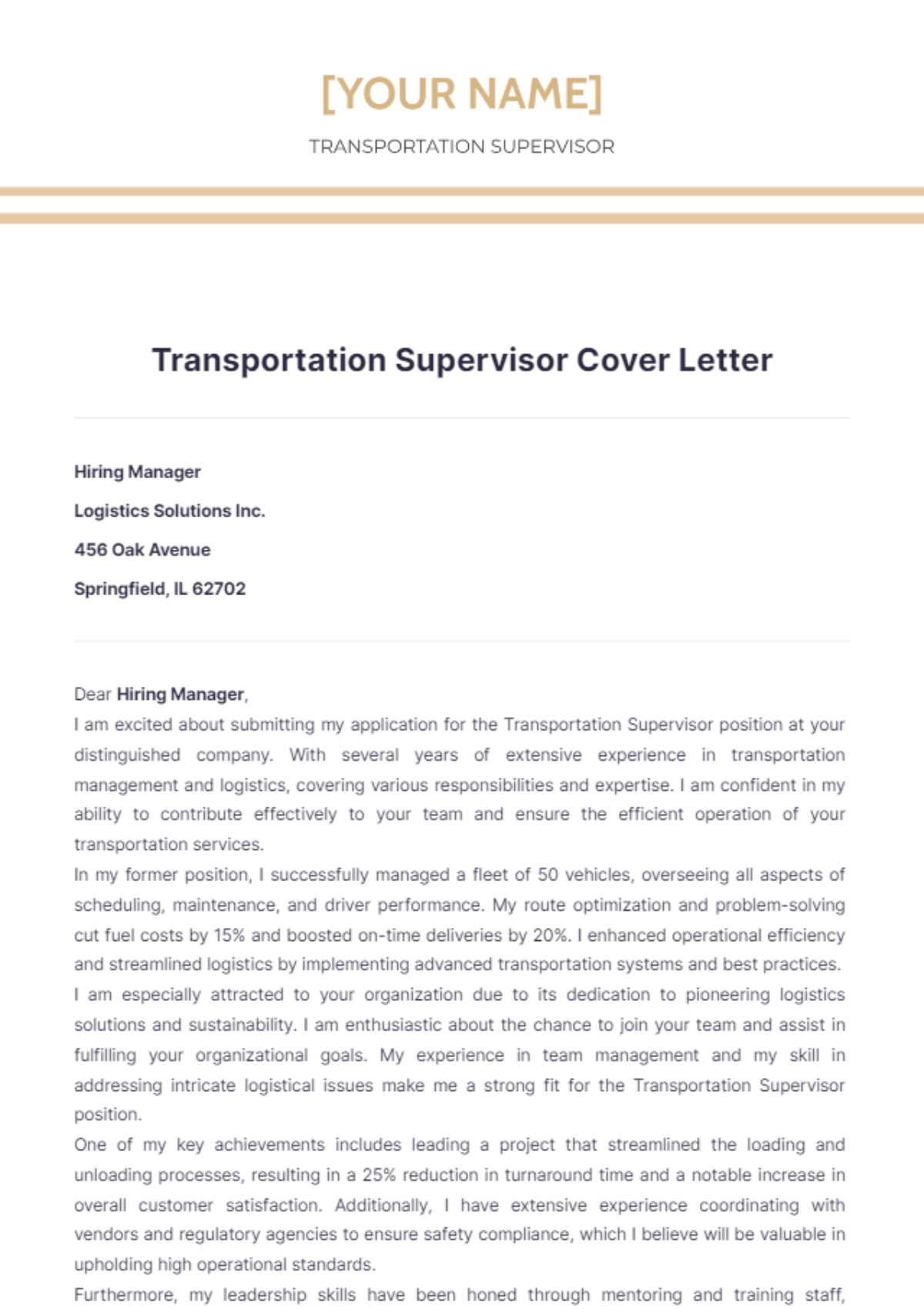 Transportation Supervisor Cover Letter - Edit Online & Download