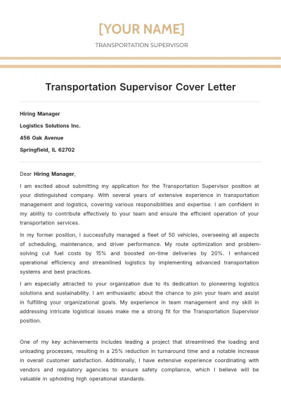 Free Transportation Supervisor Cover Letter to Edit Online