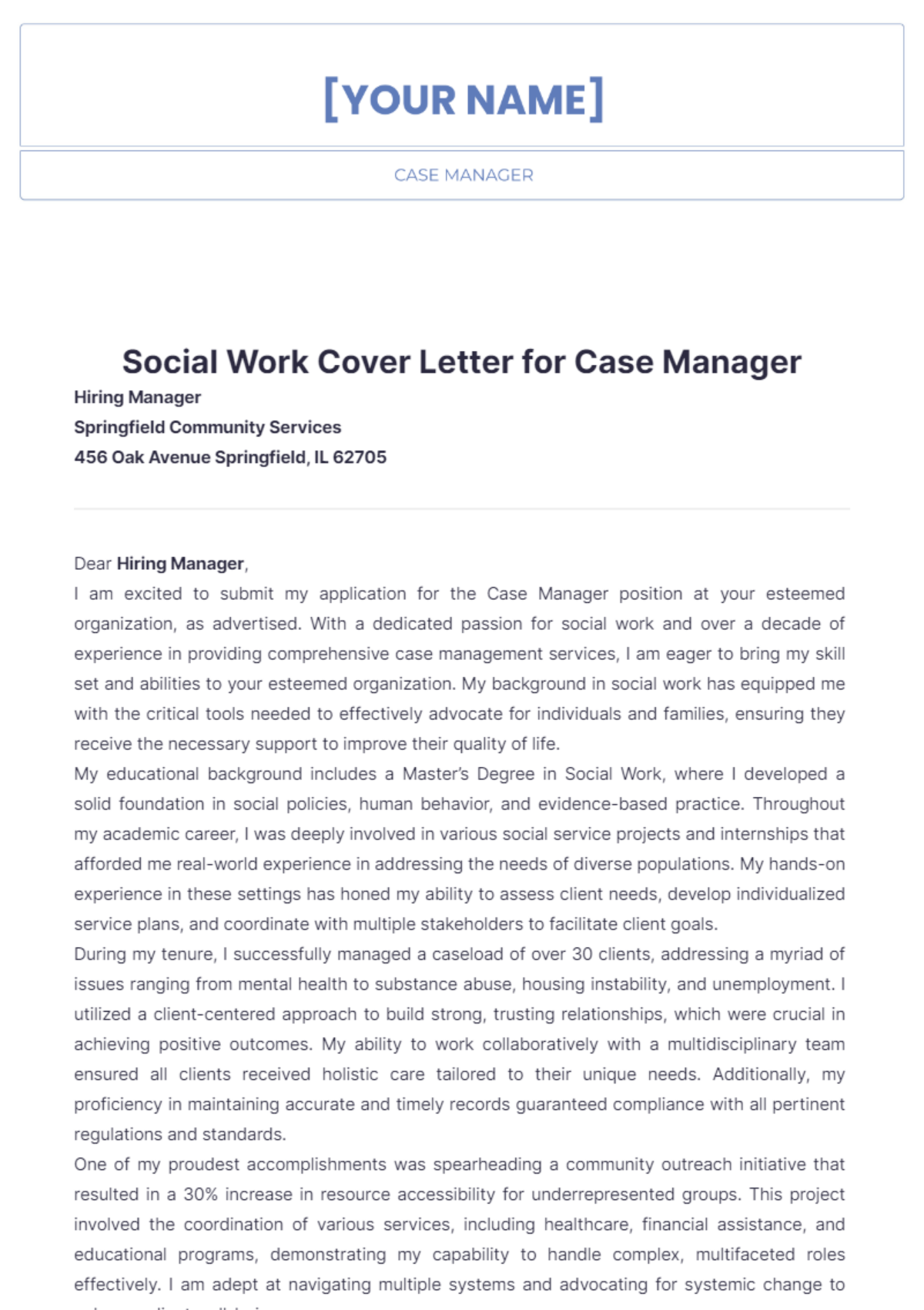 Social Work Cover Letter for Case Manager - Edit Online & Download