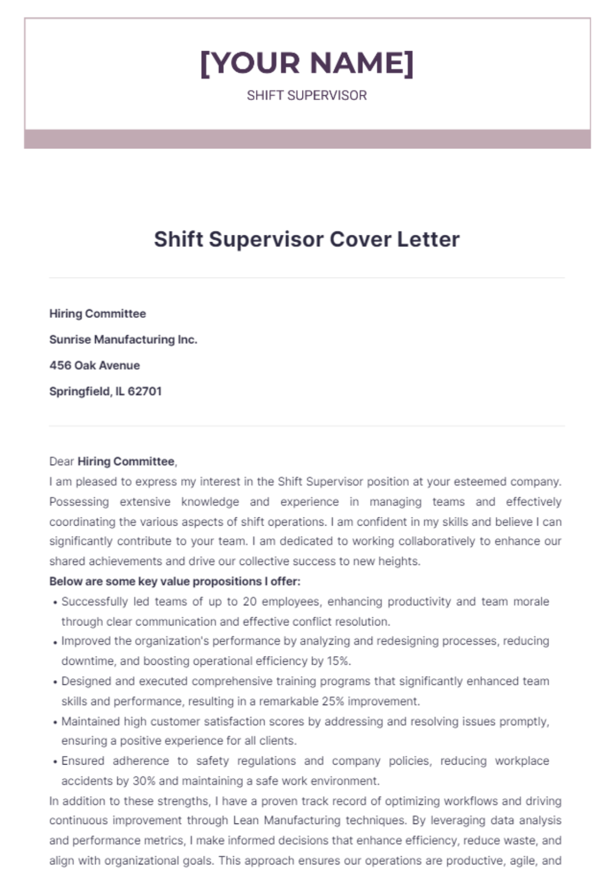 Shift Supervisor Cover Letter - Edit Online & Download