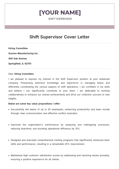 Free Shift Supervisor Cover Letter to Edit Online