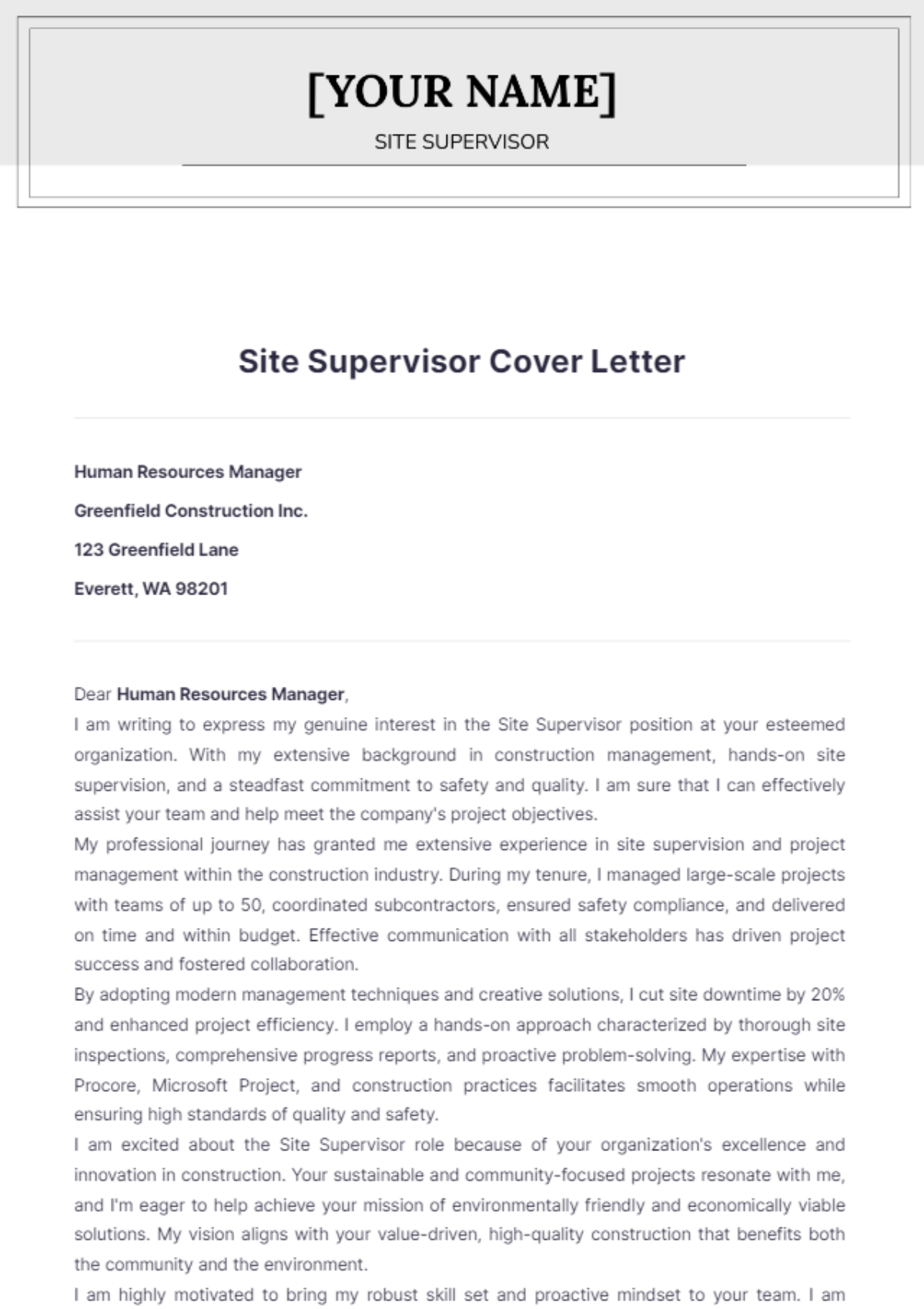 Site Supervisor Cover Letter - Edit Online & Download