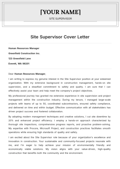 Free Site Supervisor Cover Letter to Edit Online