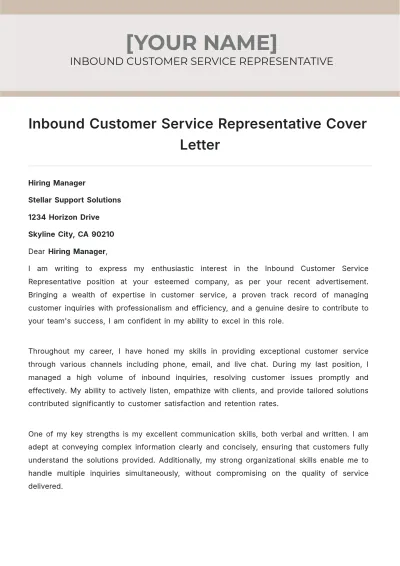 Free Inbound Customer Service Representative Cover Letter to Edit Online