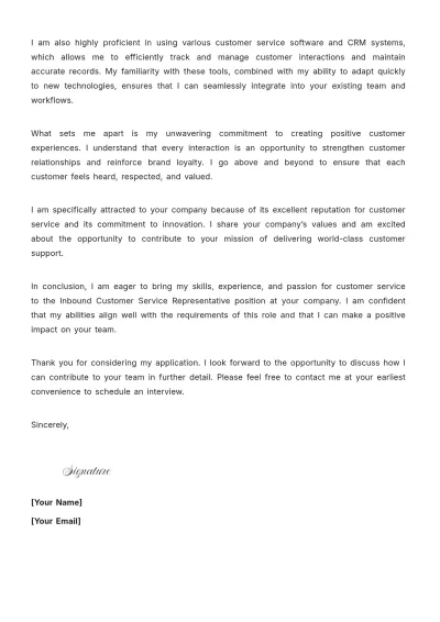 Free Inbound Customer Service Representative Cover Letter to Edit Online