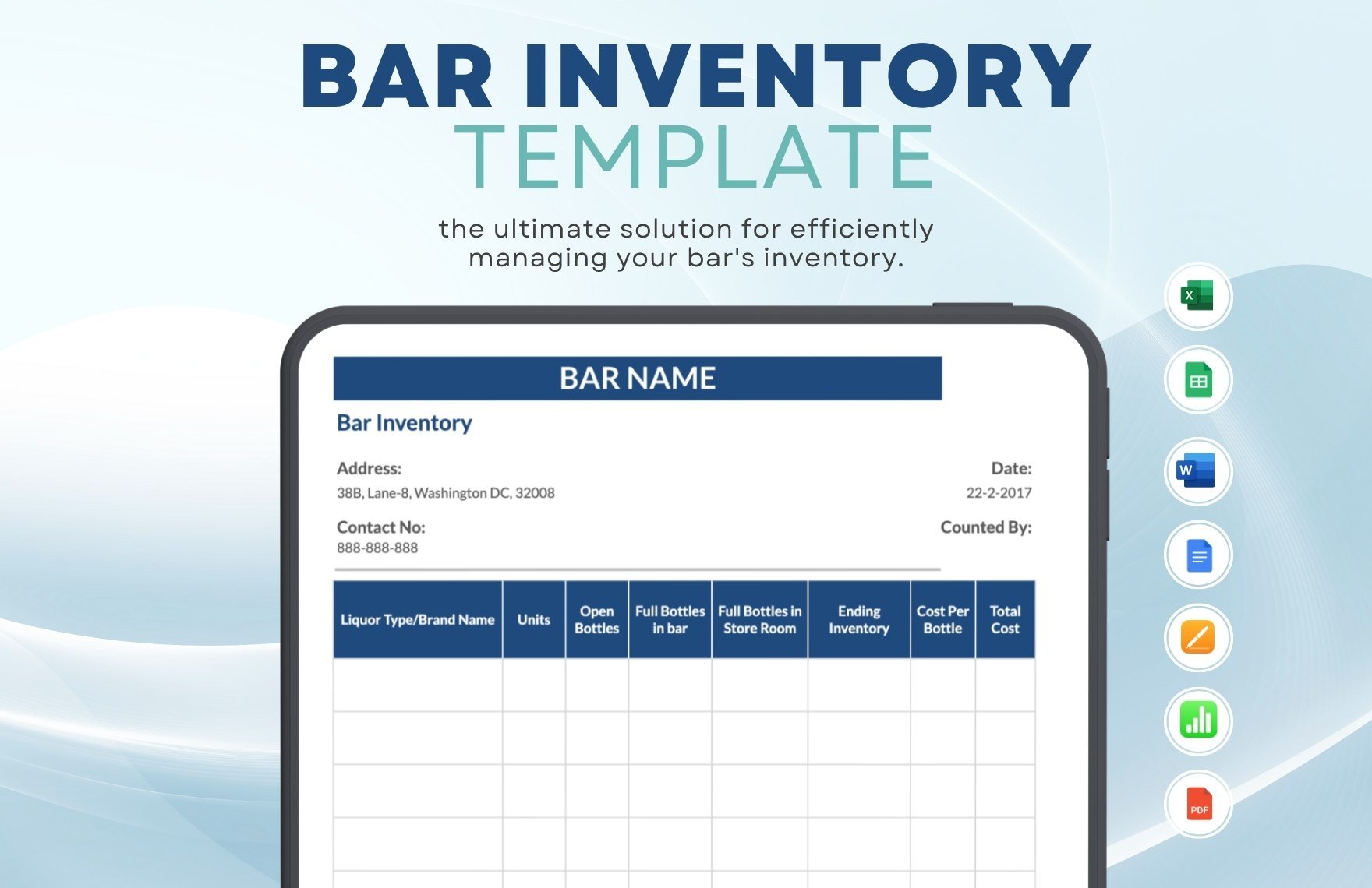 Bar Inventory Template in Word, Google Docs, Excel, PDF, Google Sheets, Apple Pages, Apple Numbers