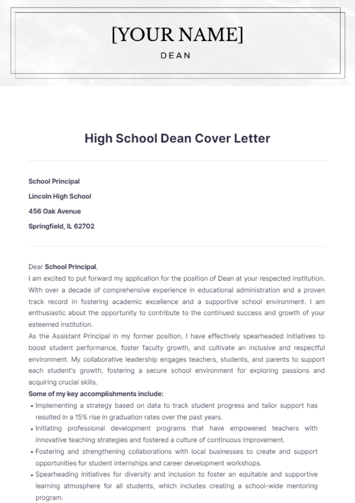 High School Dean Cover Letter