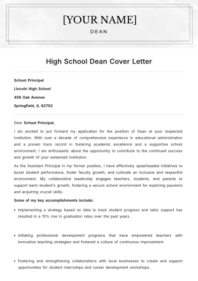 Free High School Dean Cover Letter to Edit Online