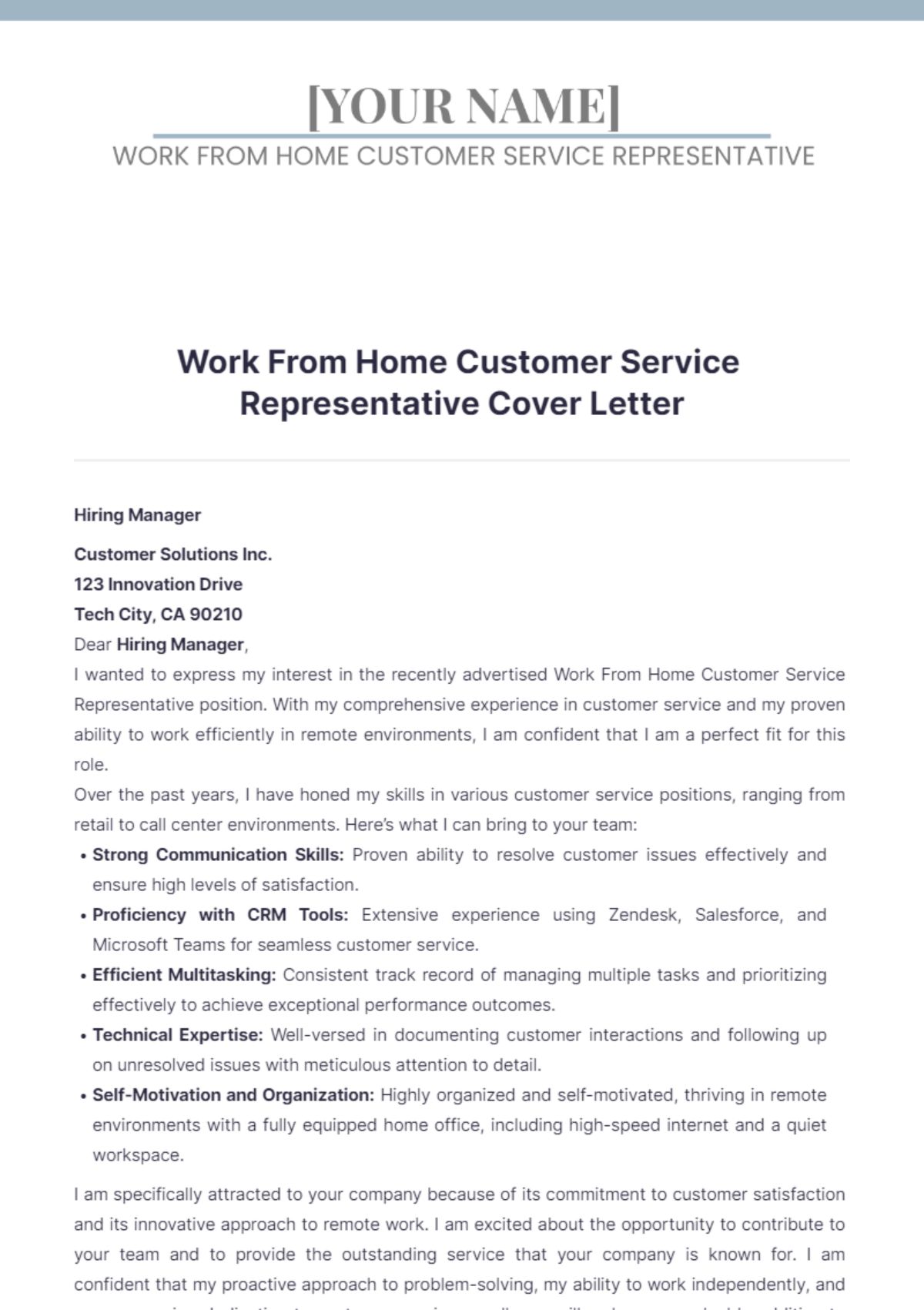 Work From Home Customer Service Representative Cover Letter