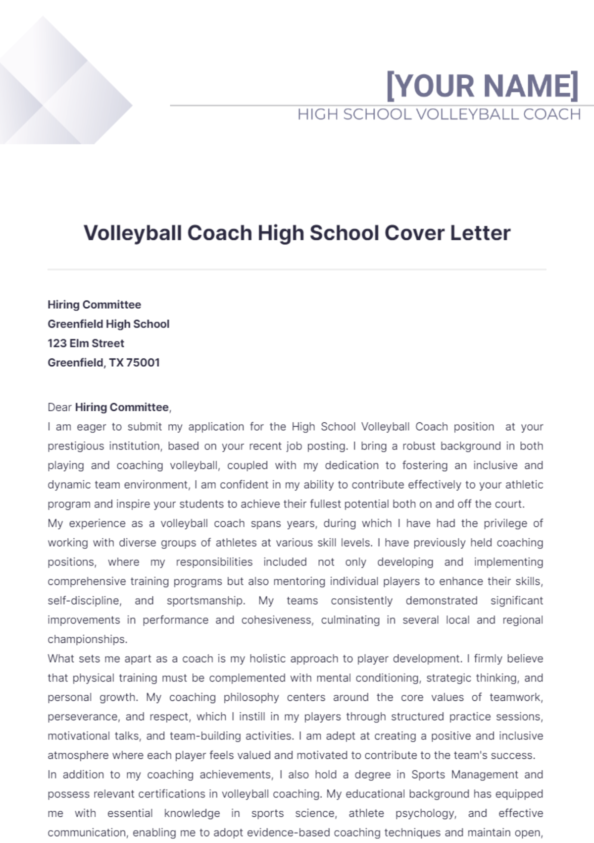 Volleyball Coach High School Cover Letter