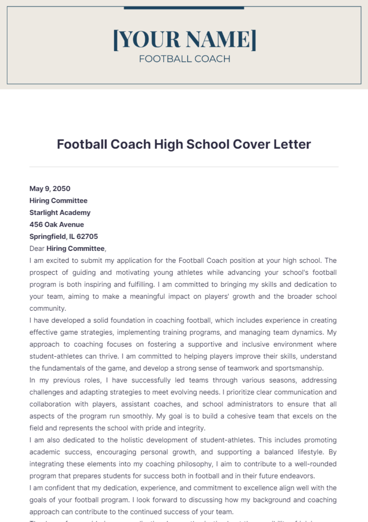 Football Coach High School Cover Letter