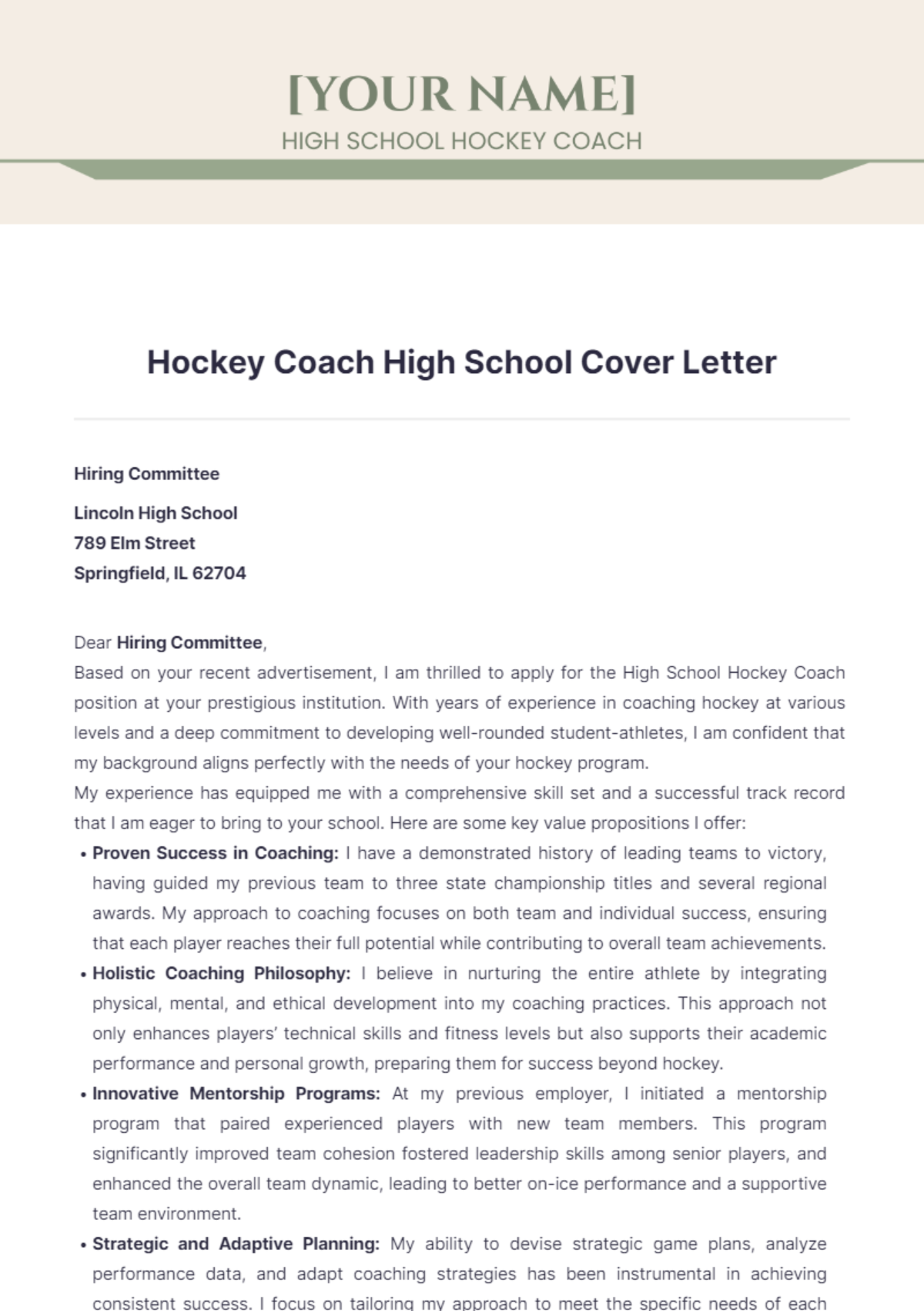 Hockey Coach High School Cover Letter