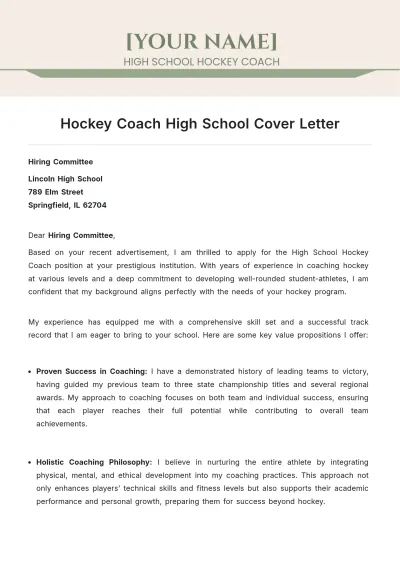 Free Hockey Coach High School Cover Letter to Edit Online