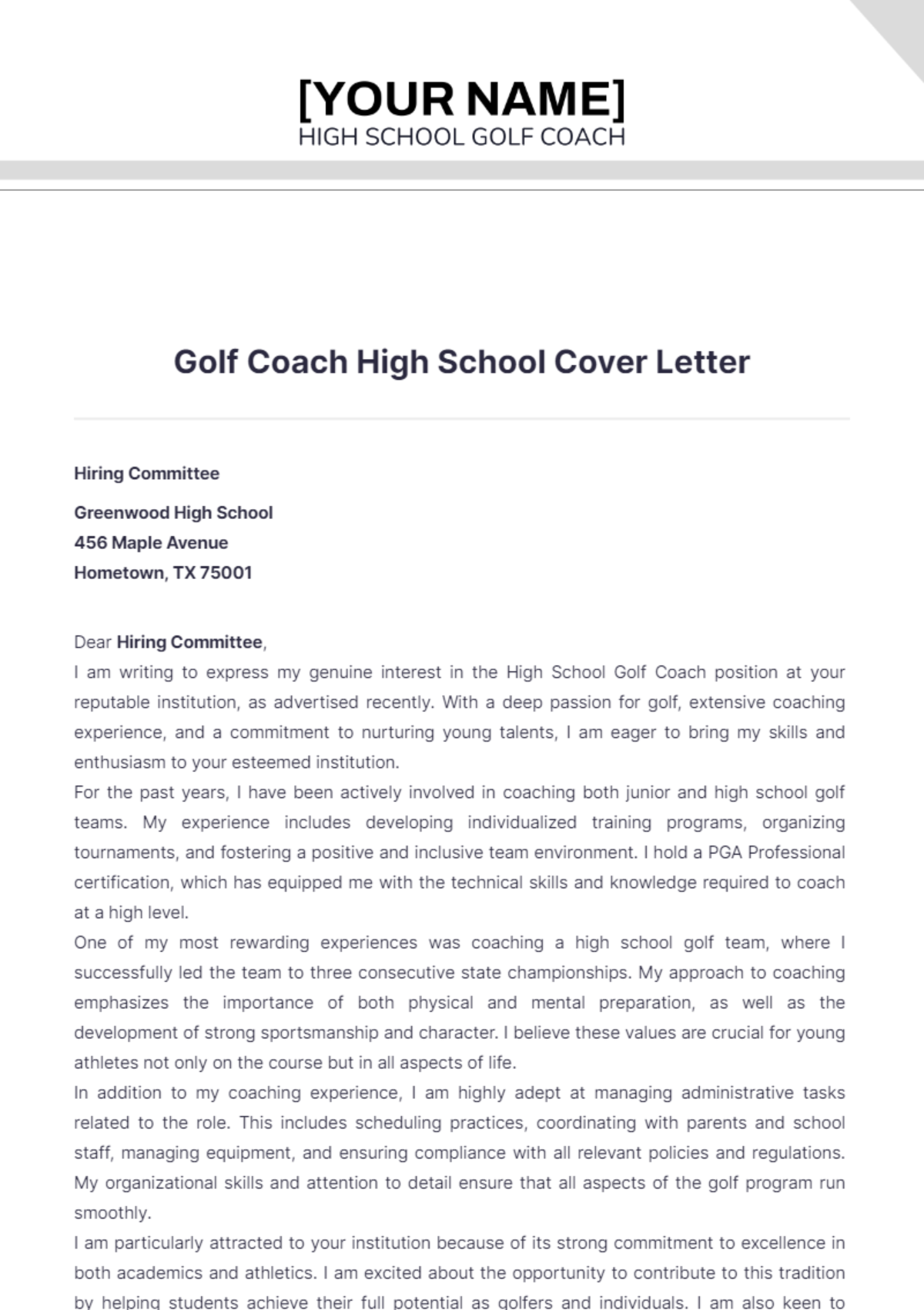 Golf Coach High School Cover Letter