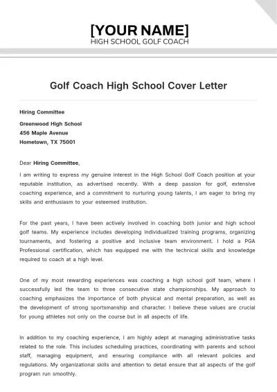 Free Golf Coach High School Cover Letter to Edit Online