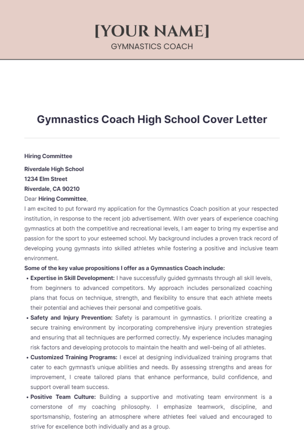 Gymnastics Coach High School Cover Letter