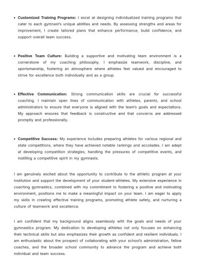 Free Gymnastics Coach High School Cover Letter to Edit Online