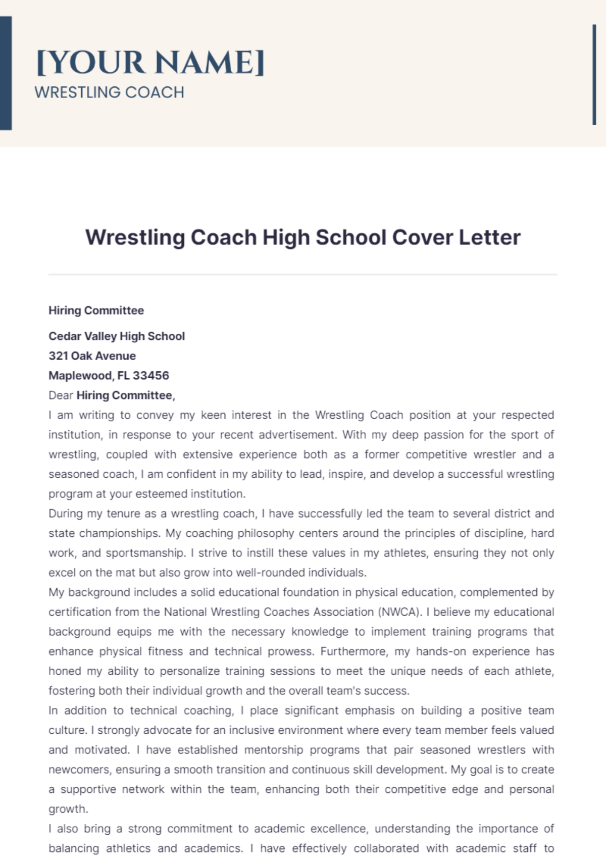 Wrestling Coach High School Cover Letter