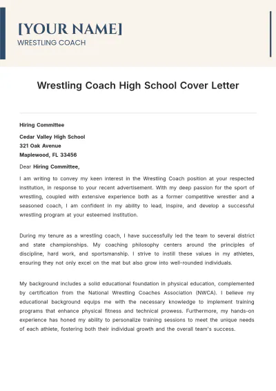 Free Wrestling Coach High School Cover Letter to Edit Online