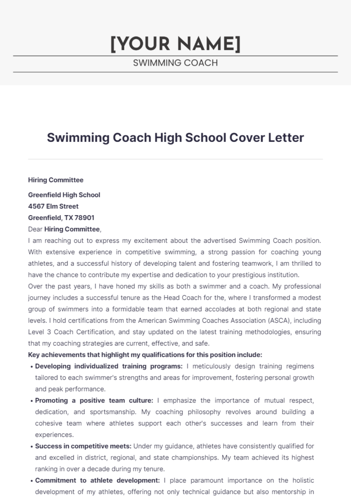 Swimming Coach High School Cover Letter